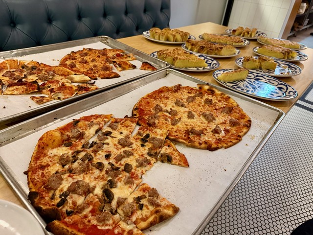 Late night tavern style pizza and almond tart