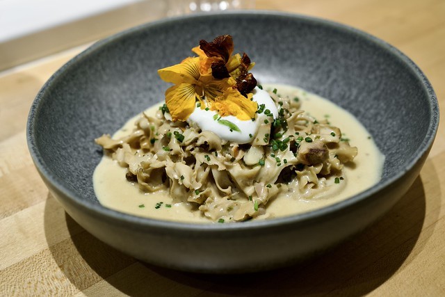 This was a stroganoff was made entirely of mushrooms. No noodles. Cauliflower Mushrooms, Chicken of the Woods, and Trumpets.